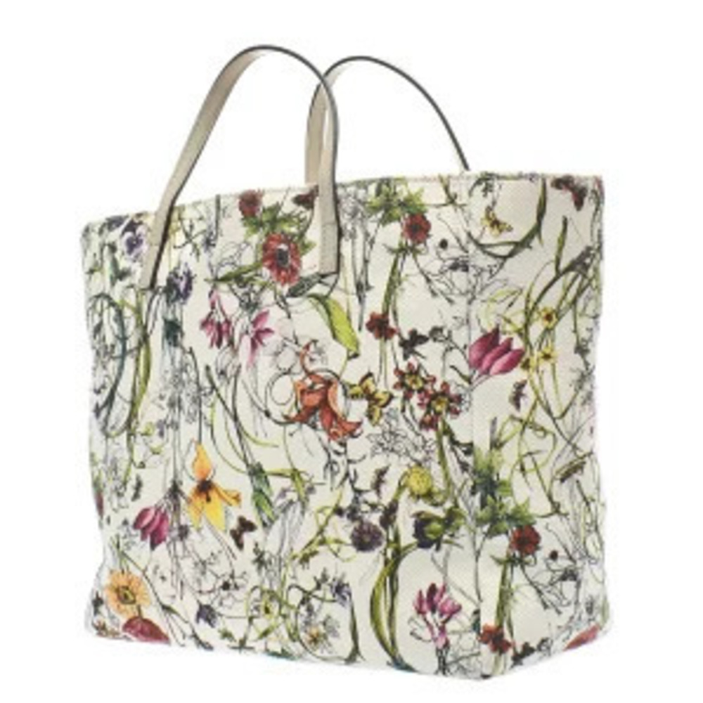 Gucci Flower Handbag Leather Floral Canvas White Tote Bag Multicolor